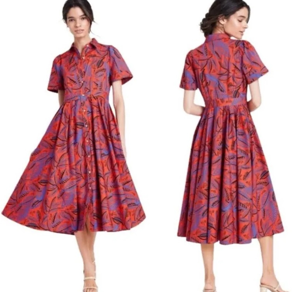 Alexis Vibrant Red and Blue Leaf Midi Dress